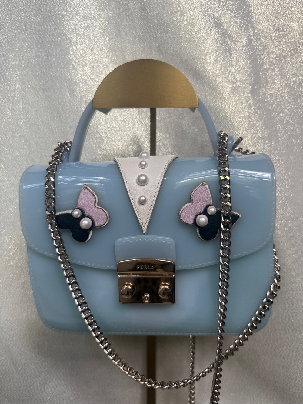 Furla Light Blue Mini Top-Handle Satchel with Butterfly Appliqués - Picture 1 of 3